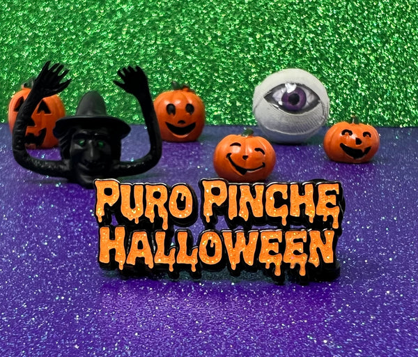 Puro Pinche Halloween pin Orange glitter